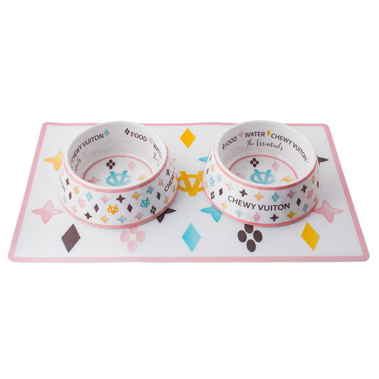 Haute Diggity Dog - White Chewy Vuiton Bowls & Mat  Set Dog Food Bowl MEDIUM